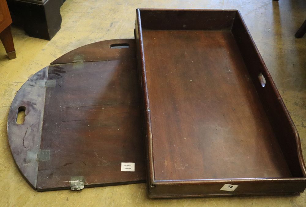 An early 19th century mahogany rectangular butlers tray, 83 x 45cm and an incomplete oval butlers tray